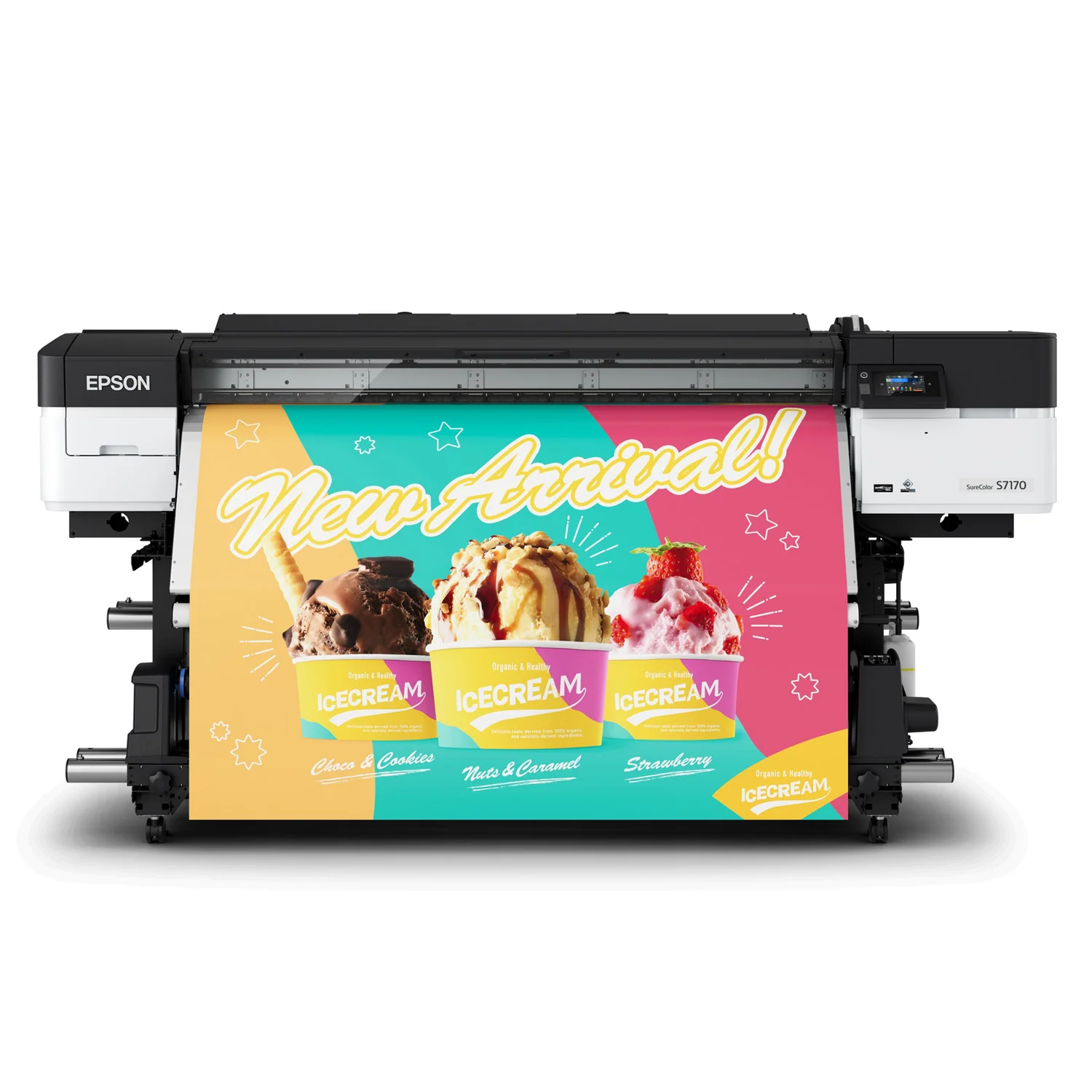 Epson wide-format printer producing a colorful promotional banner