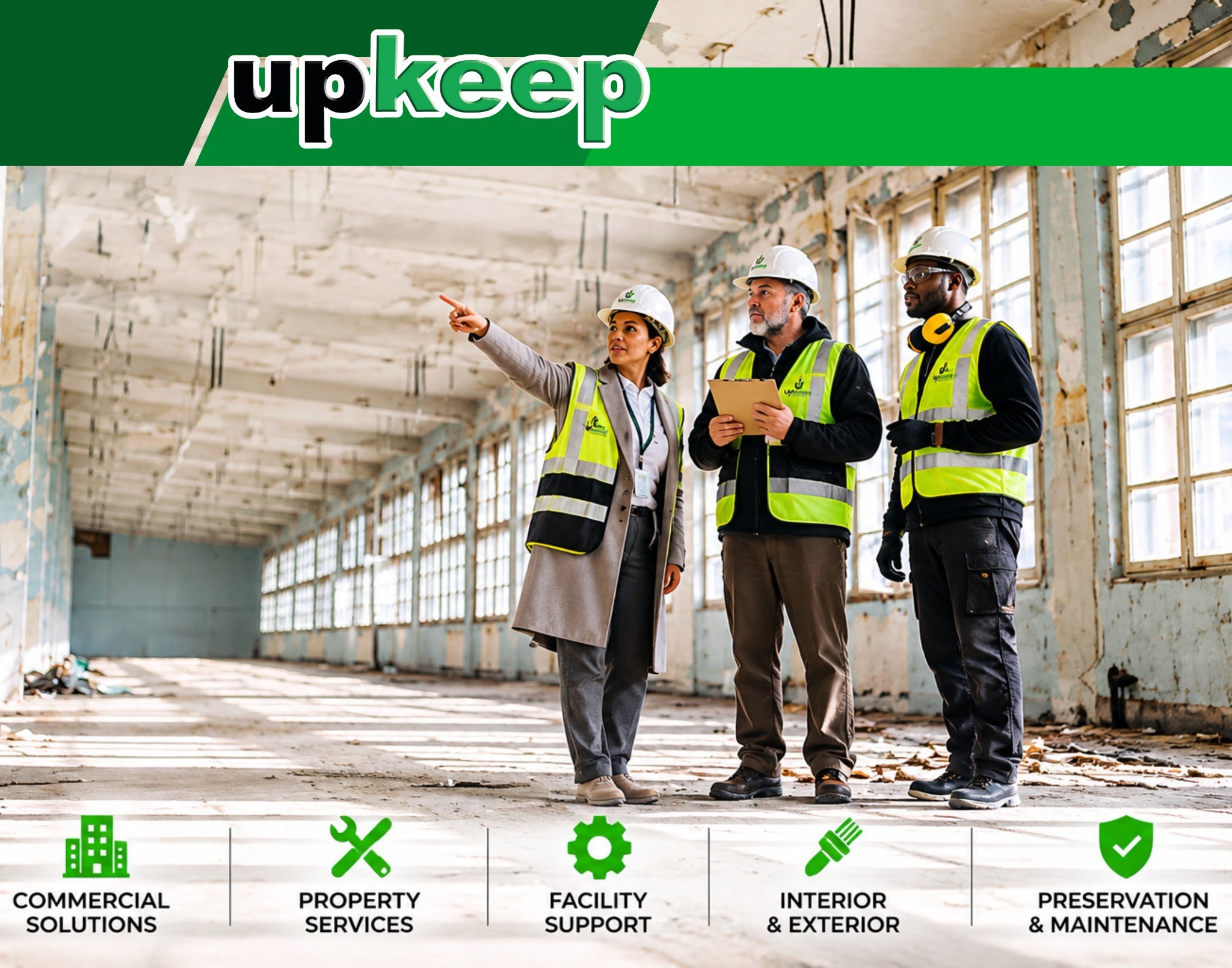 UpKeep property and facility services promotional illustration with an inspection team