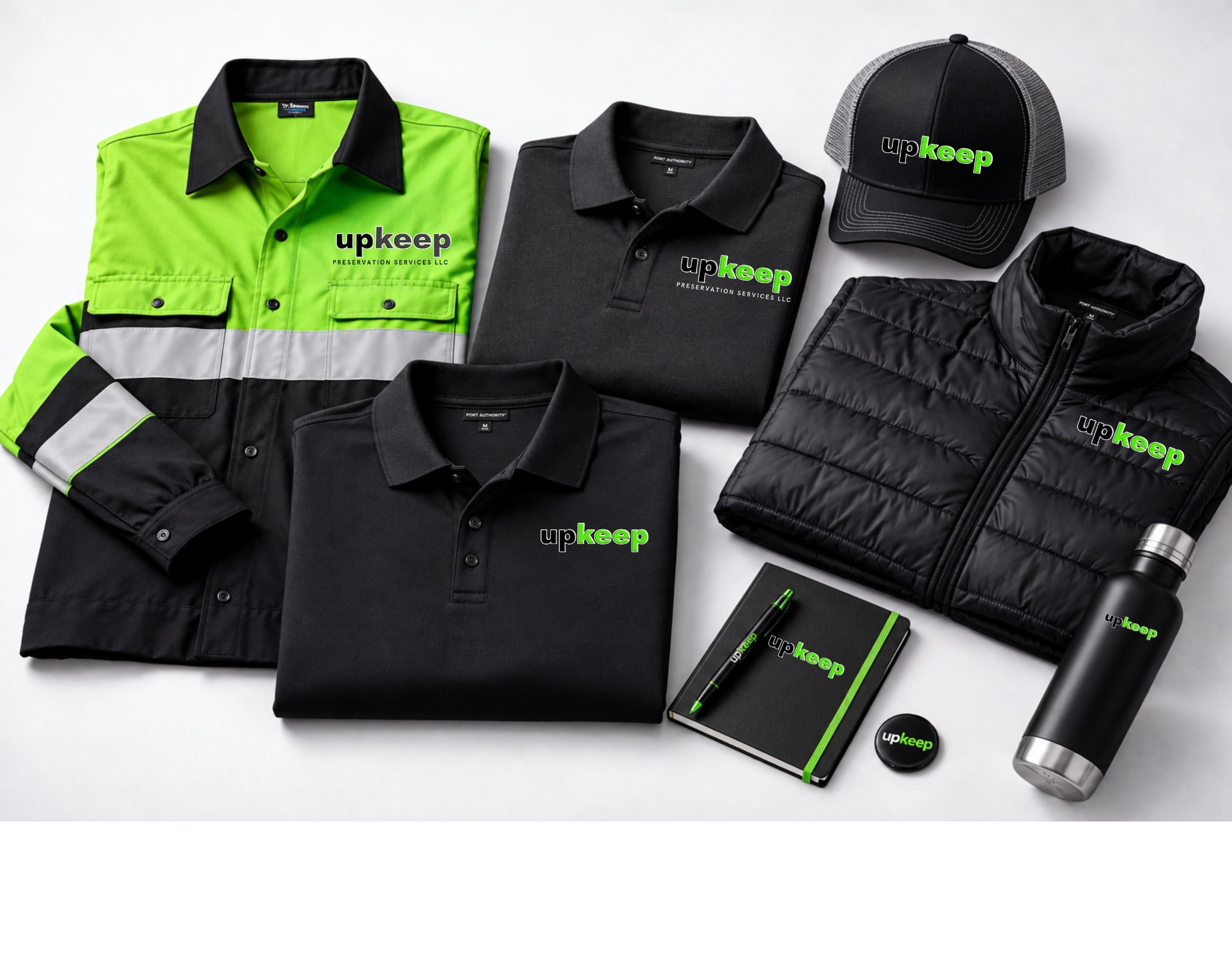 UpKeep branded workwear and promotional product collection illustration
